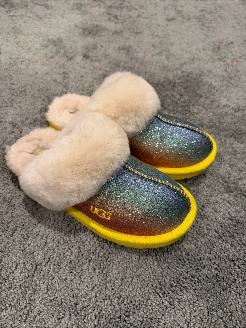 UGG Kids Glitter Rainbow Slip-On Clog with Yellow Trim